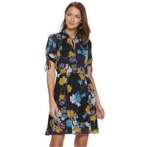 Sharagano Floral Navy Black Multi Print Keyhole Drawstring Sleeve Dress